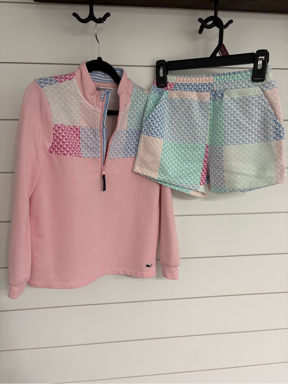 Vineyard Vines Pastel Pink Quarter-Zip Pullover with Patchwork Pastel Shorts